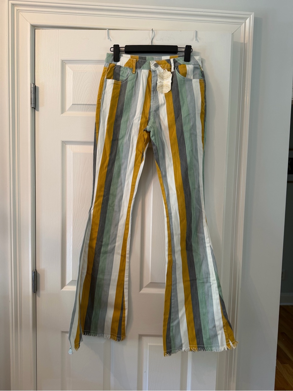 Altar'd State Striped Boot Cut Jeans in Mustard, Sage & White